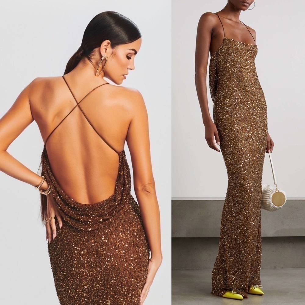 NWT Retrofete Alice Sequins Maxi Dress in Amber Brown XL